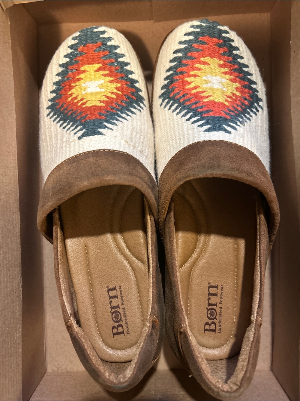 NWT-Born Cream Slip-On Loafers with Teal, Orange & Yellow Embroidery